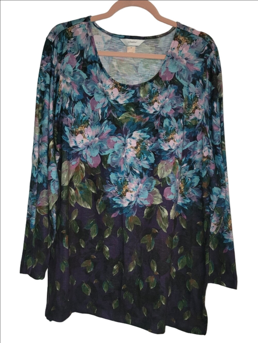 CJ BANKS Floral Scoop Neck Long Sleeve Tunic Top Dark Romantic 3X